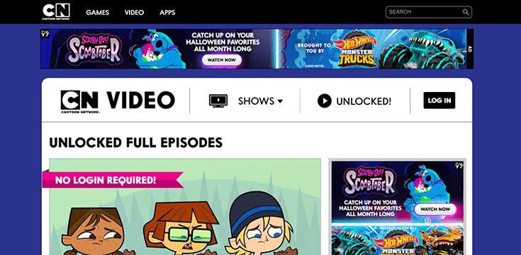 A screenshot of the Cartoon Network homepage.